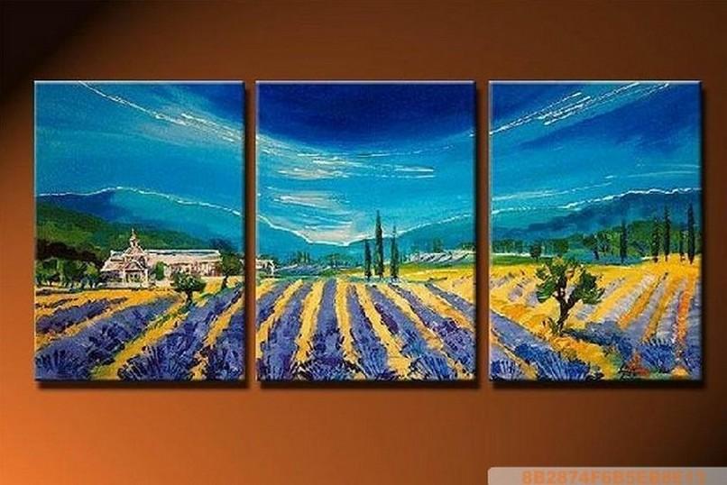 Lavender Field, Landscape Painting, Living Room Wall Art, 3 Panel Painting, Art Painting, Wall Hanging-HomePaintingDecor