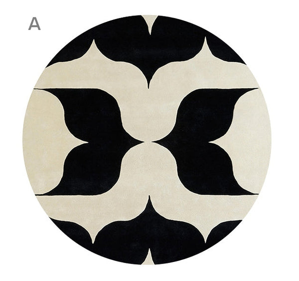 Abstract Round Modern Rug for Dining Room Table, Coffee Table Round Rugs, Black and White Modern Wool Rugs, Modern Wool Rugs for Living Room, Modern Rugs for Bedroom-HomePaintingDecor