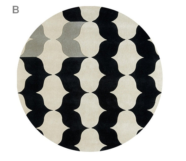 Abstract Round Modern Rug for Dining Room Table, Coffee Table Round Rugs, Black and White Modern Wool Rugs, Modern Wool Rugs for Living Room, Modern Rugs for Bedroom-HomePaintingDecor