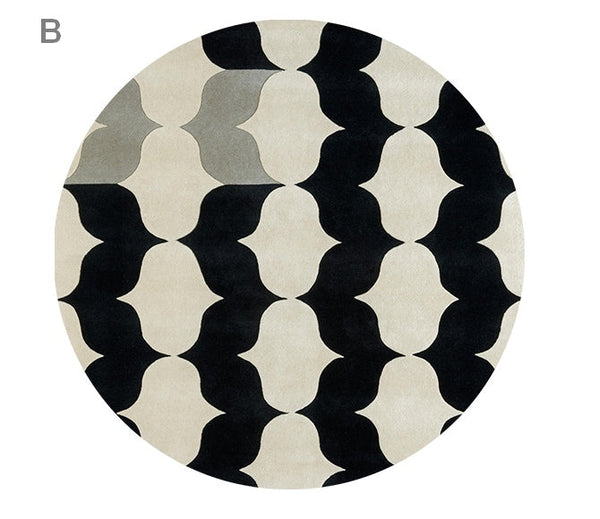 Modern Wool Rugs for Living Room, Modern Rugs for Bedroom, Coffee Table Round Rugs, Black and White Modern Wool Rugs, Abstract Round Modern Rug for Dining Room Table-HomePaintingDecor