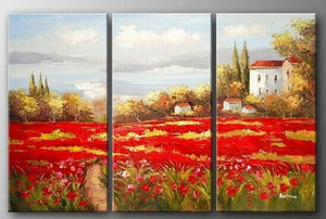 Italian Red Poppy Field, Canvas Painting, Landscape Art, Landscape Painting, Large Painting, Living Room Wall Art, Oil on Canvas, 3 Piece Oil Painting, Large Wall Art-HomePaintingDecor