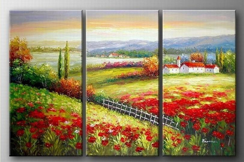 Landscape Art, Italian Red Poppy Field, Canvas Painting, Landscape Painting, Oil on Canvas, 3 Piece Oil Painting, Large Wall Art-HomePaintingDecor