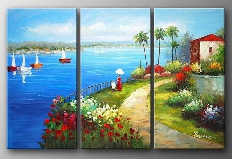 Landscape Art, Italian Mediterranean Sea, Sail Boat Art, Canvas Painting, Landscape Painting, Living Room Wall Art, Oil on Canvas, 3 Piece Oil Painting-HomePaintingDecor