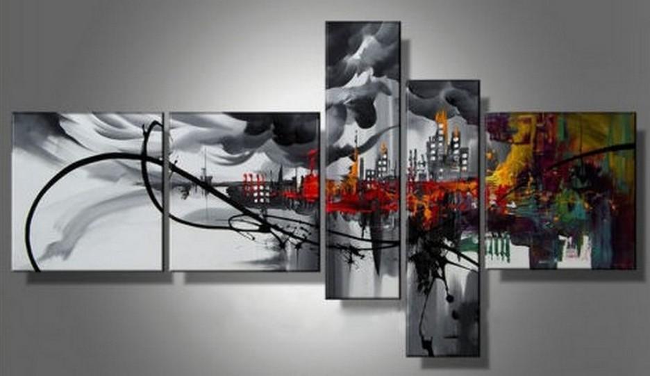 Cityscape Art, Black Wall Art, Huge Wall Art, Acrylic Art, 5 Piece Wall Painting, Hand Painted Art, Group Painting-HomePaintingDecor