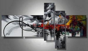 Cityscape Art, Black Wall Art, Huge Wall Art, Acrylic Art, 5 Piece Wall Painting, Hand Painted Art, Group Painting-HomePaintingDecor