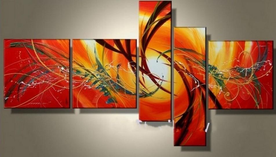 Canvas Painting, Abstract Lines, Red Color Art, Acrylic Art, 5 Piece Wall Painting, Canvas Painting-HomePaintingDecor