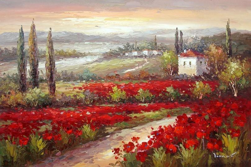 Flower Field, Canvas Oil Painting, Landscape Painting, Living Room Wall Art, Cypress Tree, Red Poppy Field-HomePaintingDecor
