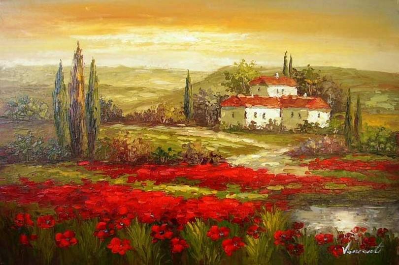 Autumn Art, Flower Field, Impasto Art, Heavy Texture Painting, Landscape Painting, Living Room Wall Art, Cypress Tree, Oil Painting, Red Poppy Field-HomePaintingDecor