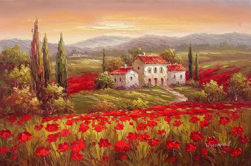 Flower Field, Canvas Painting, Landscape Painting, Wall Art, Large Painting, Living Room Wall Art, Cypress Tree, Oil Painting, Canvas Art, Poppy Field-HomePaintingDecor