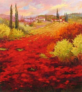 Flower Field, Wall Art, Large Painting, Canvas Painting, Landscape Painting, Living Room Wall Art, Cypress Tree, Oil Painting, Canvas Art, Red Poppy Field-HomePaintingDecor