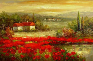 Flower Field Painting, Canvas Painting, Landscape Painting, Contemporary Wall Art, Large Painting, Living Room Wall Art, Cypress Tree, Oil Painting, Poppy Field-HomePaintingDecor