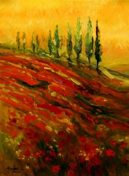 Red Poppy Field, Flower Field, Wall Art, Large Art, Canvas Art, Landscape Painting, Living Room Wall Art, Cypress Tree, Oil Painting, Large Wall Art-HomePaintingDecor