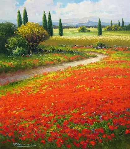 Flower Field, Wall Art, Impasto Art, Heavy Texture Painting, Landscape Painting, Living Room Wall Art, Cypress Tree, Oil Painting, Canvas Art, Red Poppy Field-HomePaintingDecor