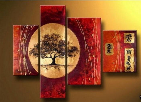 Extra Large Painting, Tree of Life Painting, Red Abstract Painting, 4 Piece Art Painting, Abstract Art, Living Room Wall Art-HomePaintingDecor