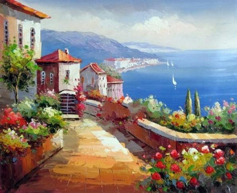 Mediterranean Sea Painting, Heavy Texture Art, Large Painting, Bedroom Wall Art, Oil Painting, Seascape, Spain Summer Resort-HomePaintingDecor
