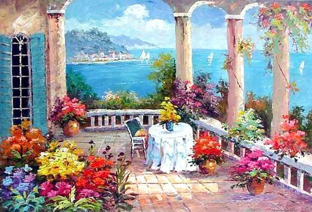 Canvas Painting, Landscape Painting, Mediterranean Sea Painting, Wall Art, Large Painting, Bedroom Wall Art, Oil Painting, Canvas Art, Seascape, Garden Art-HomePaintingDecor