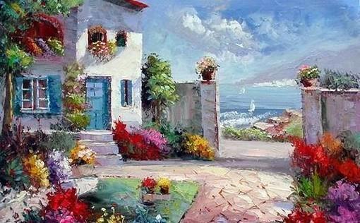 Seashore Garden Painting, Canvas Painting, Landscape Painting, Large Art, Large Painting, Dining Room Wall Art, Oil Painting, Canvas Art, Summer Sky-HomePaintingDecor