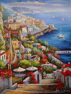 Landscape Painting, Wall Art, Large Painting, Mediterranean Sea Painting, Canvas Painting, Kitchen Wall Art, Oil Painting, Art on Canvas, Seashore Town, France Summer Resort-HomePaintingDecor