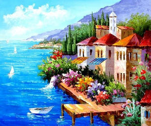 Landscape Painting, Mediterranean Sea Painting, Canvas Painting, Wall Art, Large Painting, Bedroom Wall Art, Oil Painting, Canvas Art, Boat Painting, Italy Summer Resort-HomePaintingDecor