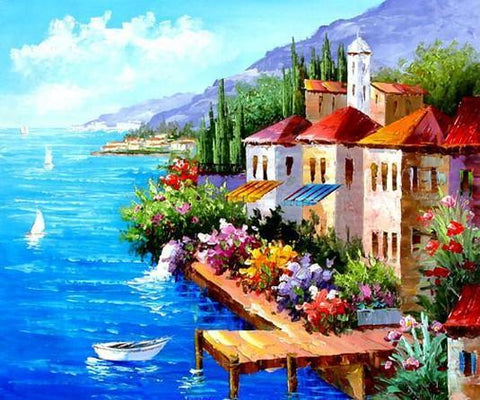 Landscape Painting, Mediterranean Sea Painting, Canvas Painting, Wall Art, Large Painting, Bedroom Wall Art, Oil Painting, Canvas Art, Boat Painting, Italy Summer Resort-HomePaintingDecor