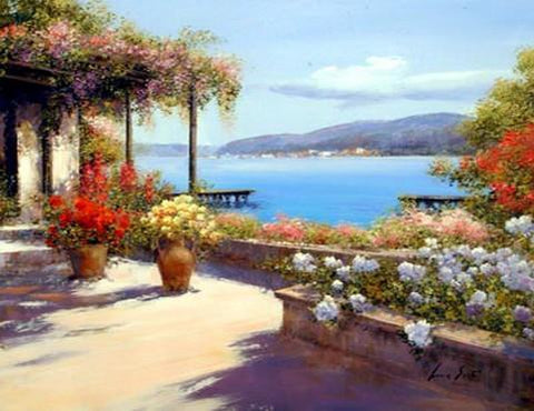 Landscape Painting, Wall Art, Large Painting, Mediterranean Sea Painting, Canvas Painting, Kitchen Wall Art, Oil Painting, Canvas Art, Seascape, France Summer Resort-HomePaintingDecor
