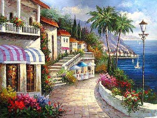 Canvas Painting, Landscape Painting, Wall Art, Large Painting, Bedroom Wall Art, Oil Painting, Art Painting, Canvas Art, Seascape, Seashore Hotel, Summer Resort-HomePaintingDecor