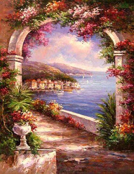 Canvas Painting, Landscape Painting, Wall Art, Canvas Painting, Large Painting, Bedroom Wall Art, Oil Painting, Canvas Art, Garden Flower, Italy Summer Resort-HomePaintingDecor