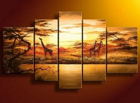 African Painting, Sunset Painting, Canvas Painting, Wall Art, Large Art, Abstract Painting, Living Room Art, 5 Piece Wall Art-HomePaintingDecor