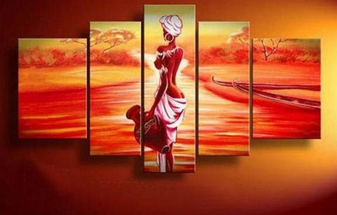 African Girl, Sunset Painting, Canvas Painting, African Woman Painting, 5 Piece Canvas Art, Abstract Wall Painting-HomePaintingDecor