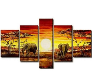 African Painting, Elephant Painting, Living Room Art, 5 Piece Wall Art, Living Room Wall Painting-HomePaintingDecor