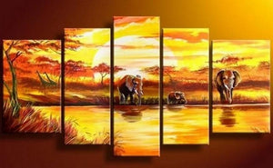 Elephant Painting, African Painting, Abstract Wall Art, Canvas Painting, Wall Art, Large Art, Abstract Painting, Living Room Art, 5 Piece Wall Art-HomePaintingDecor