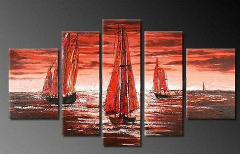 Sailing Boat art Sea, Sunset Art, Abstract Art, Wall Art, Large Art, Abstract Painting, 5 Piece Wall Art, Landscape Painting-HomePaintingDecor