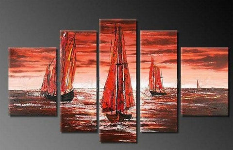Sailing Boat art Sea, Sunset Art, Abstract Art, Wall Art, Large Art, Abstract Painting, 5 Piece Wall Art, Landscape Painting-HomePaintingDecor
