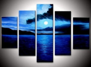 Large Canvas Art, Abstract Art, Canvas Painting, Abstract Painting, Bedroom Art Decor, 5 Piece Art, Canvas Art Painting, Moon Rising from Sea, Ready to Hang-HomePaintingDecor