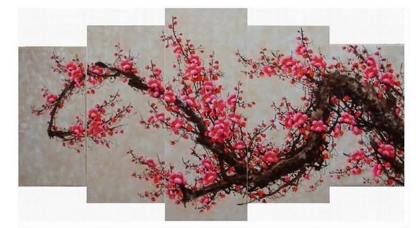 Plum Tree Flower Painting, Ready to Hang, Large Art, Abstract Art, Flower Oil Painting, Abstract Painting, Canvas Painting, 5 Piece Wall Art, Canvas Art Painting-HomePaintingDecor