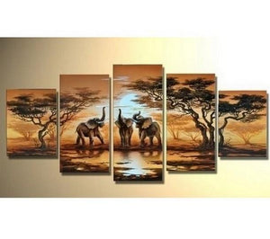 Large Canvas Art, Abstract Art, African Elephant Art, Canvas Painting, Abstract Painting, Living Room Art painting, 5 Piece Art, Modern Art-HomePaintingDecor