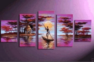 Large Canvas Art, 5 Piece Canvas Painting, Abstract Painting for Sale, African Woman Art, Boat at Lake River Art, Ready to Hang Painting-HomePaintingDecor