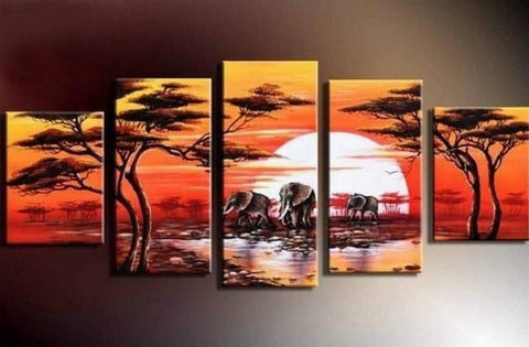 Large Canvas Art, Abstract Art, Canvas Painting, Abstract Painting, African Art, Elephant Sunset Art, Home Art, 5 Piece Wall Art, Landscape Art, Ready to Hang-HomePaintingDecor