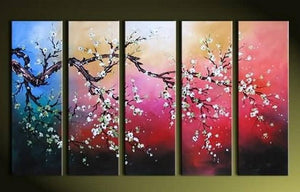 Plum Tree Painting, Flower Art, Abstract Painting, 5 Piece Wall Art, Huge Painting, Acrylic Art, Ready to Hang-HomePaintingDecor