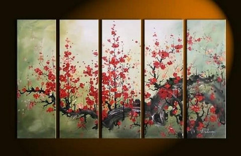 XL Canvas Art, Abstract Art, Abstract Painting, Flower Art, Canvas Painting, Plum Tree Painting, 5 Piece Wall Art, Huge Painting, Acrylic Art, Ready to Hang-HomePaintingDecor