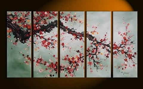 XL Wall Art, Abstract Art, Abstract Painting, Flower Art, Canvas Painting, Plum Tree Painting, 5 Piece Wall Art, Huge Wall Art, Acrylic Art, Ready to Hang-HomePaintingDecor