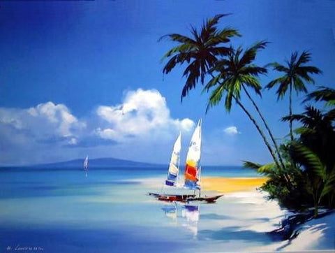 Hawaii Beach, Seashore Painting, Sail Boat Painting, Canvas Art, Canvas Painting, Oil Painting, Wall Art, Large Painting, Canvas Painting, Canvas Art-HomePaintingDecor