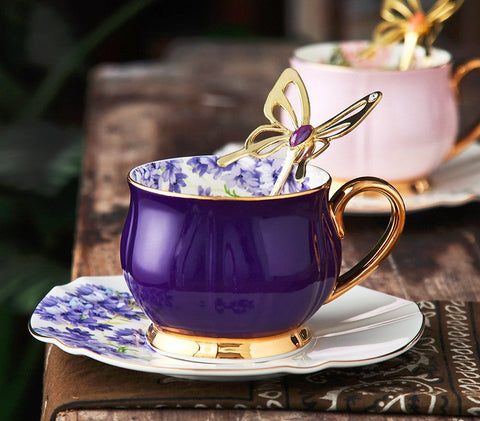 Elegant Purple Ceramic Cups, Unique Coffee Cup and Saucer in Gift Box as Birthday Gift, Beautiful British Tea Cups, Creative Bone China Porcelain Tea Cup Set-HomePaintingDecor