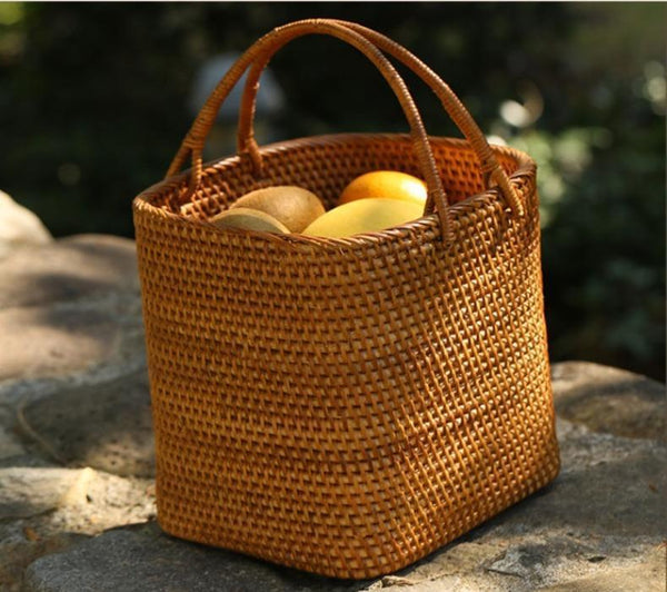 Woven Rattan Storage Basket with Handle, Storage Basket for Picnic, Fruit Storage Basket, Kitchen Storage Basekt-HomePaintingDecor
