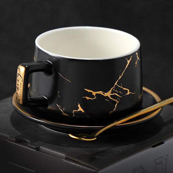 Large Tea Cup, White Coffee Cup, Black Coffee Mug, Ceramic Cup, Coffee Cup and Saucer Set-HomePaintingDecor