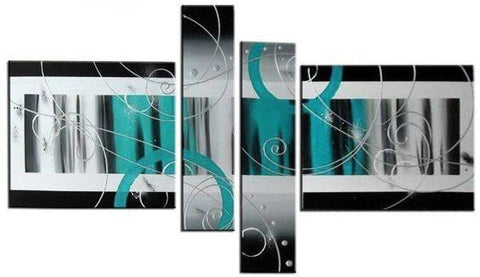 4 Piece Canvas Art, Abstract Oil Painting for Sale, Black and White, Blue Canvas Art, Contemporary Wall Art-HomePaintingDecor