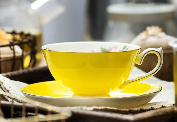 Elegant Yellow Ceramic Cups, Unique Royal Coffee Cup and Saucer, Beautiful British Tea Cups, Creative Bone China Porcelain Tea Cup Set-HomePaintingDecor