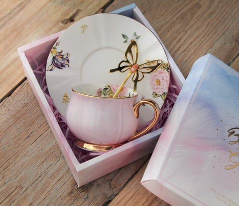 Unique Coffee Cup and Saucer in Gift Box as Birthday Gift, Elegant Pink Ceramic Cups, Beautiful British Tea Cups, Creative Bone China Porcelain Tea Cup Set-HomePaintingDecor