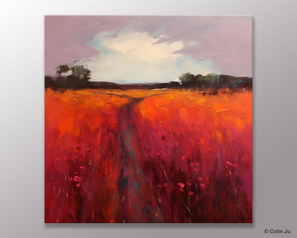 Landscape Canvas Paintings, Acrylic Abstract Art on Canvas, Red Poppy Flower Field Painting, Landscape Acrylic Painting, Living Room Wall Art Paintings-HomePaintingDecor