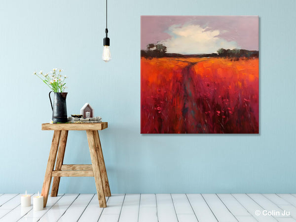 Landscape Canvas Paintings, Acrylic Abstract Art on Canvas, Red Poppy Flower Field Painting, Landscape Acrylic Painting, Living Room Wall Art Paintings-HomePaintingDecor